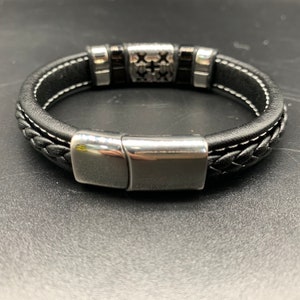 Black Leather Bracelet, High Quality Stainless Steel Clasp, Bracelet Braided Leather, Cross Engraving Beads, Jewelry Gift For Men. image 2