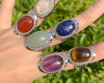 Oval Gemstone Rings, Adjustable Rings, Genuine Crystals Rings, Chunky Rings, Boho Rings For Gift, Women Rings，Mother's Day Gifts.