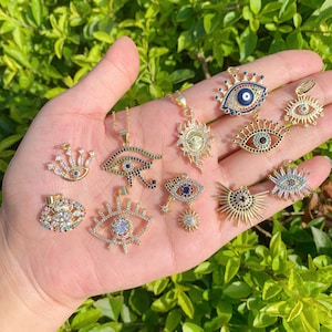11 Designs Evil Eye Necklace, CZ Micro Pave Charm, Lucky Eye Pendant, Animal Eyes, Dazzling Crown PendantGift For Her.