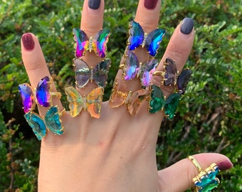 Large Butterfly Ring,Crystal Glass Butterfly Ring, Plated 18k Gold Color Ring, Adjustable Ring, Colorful Statement Jewelry, Animals Ring.