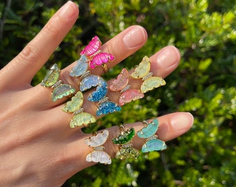 Crystal Glass Butterfly, Plated Gold Color Ring, Adjustable Ring, Open Ring, Animal Ring, Women&#39;s Jewelry, Gift For Her.