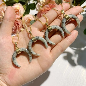 Kiwi Jasper Crescent Moon, Celestial Moon Necklace, Double Horn Gemstone Moon Pendants, Natural Crystal Moon Pendant, Gift For Her.