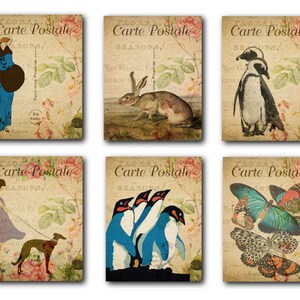 Shabby Chic French decorative Vintage postcards backgrounds, floral cat, birds and people, for art prints, decoupage / carte postale