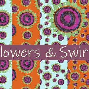 Op de afbeelding: Vier naadloze patronen met gestileerde bloemen met swirls in tinten paars, roze, blauw, bruin en groen op een lichtblauwe en oranje achtergrond. De tekst "Flowers & Swirls" wordt in het midden van de afbeelding weergegeven.