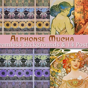 Seamless background Alphonse Mucha Digital Art, Art Nouveau, Vintage Art, Scrapbook Ephemera, Ephemera Classics, Digital Download + Extra