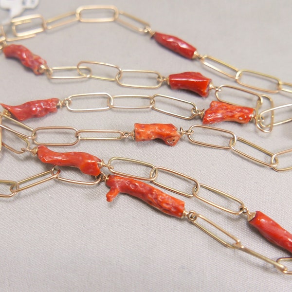 modern 11 natural CORAL 14K yellow gold station by the yard PAPERCLIP NECKLACE 28" inches #K1389.7