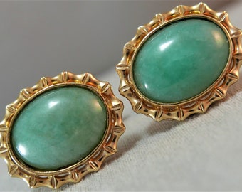 estate large GREEN JADE cabochon 14K yellow gold oval bamboo CUFFLINKS #Z1390.18