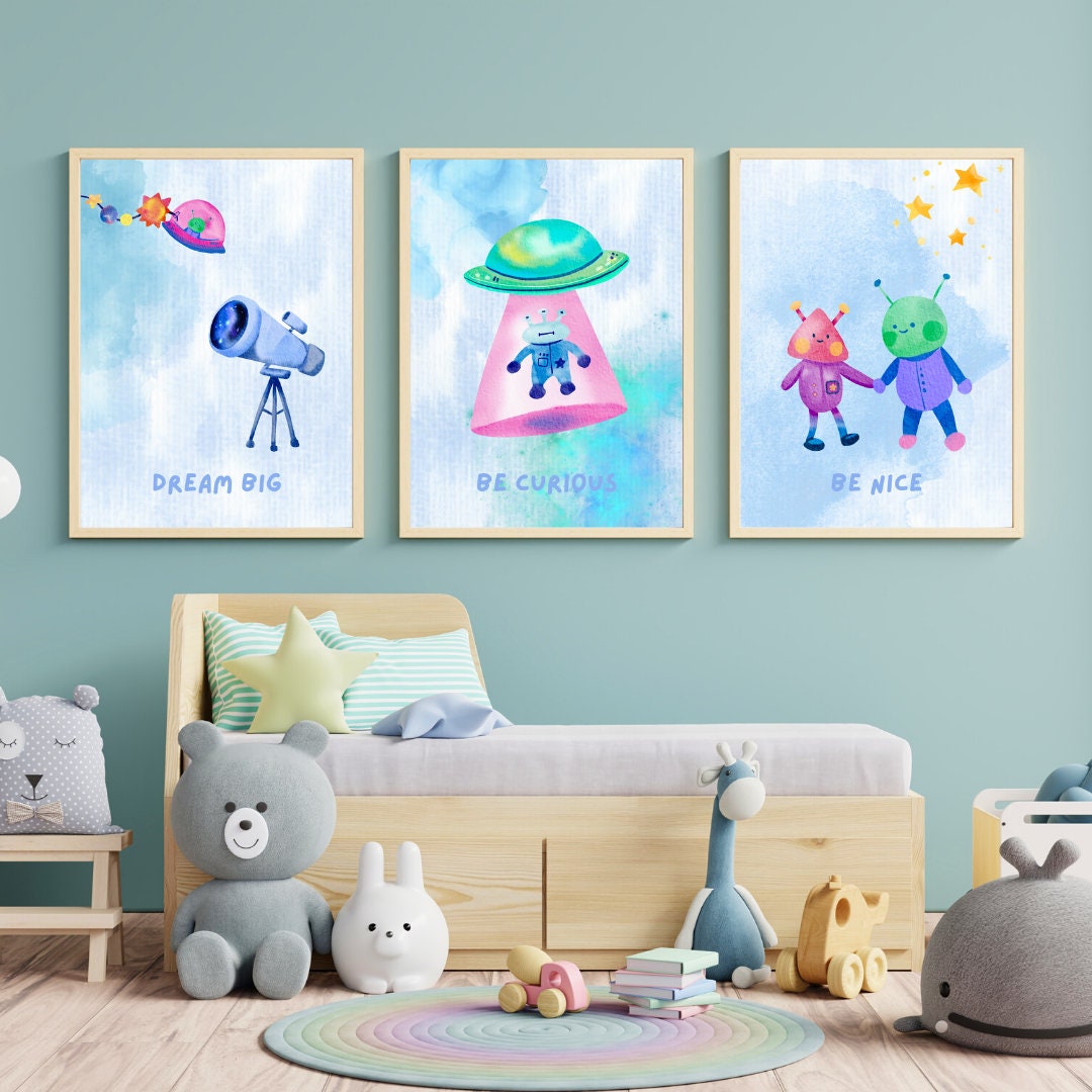 Cute Astronaut and Aliens, Kids Room Wall Art, Space, Nursery ...
