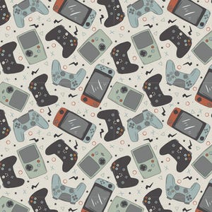 Könnte beinhalten: Ein sich wiederholendes Muster von Videospielkonsolen und Controllern in verschiedenen Farben, darunter Schwarz, Grau, Orange und Blau. Das Design zeigt Handheld-Konsolen, Gamepads und dekorative Formen auf beigem Hintergrund.