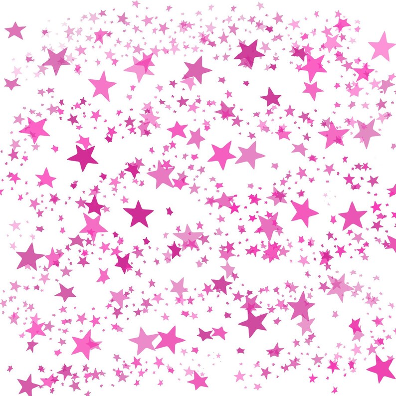Puede incluir: Un fondo blanco con una dispersi&oacute;n de estrellas rosas de diferentes tama&ntilde;os.