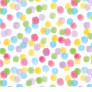 Puede incluir: Un fondo blanco est&aacute; cubierto con un patr&oacute;n de lunares coloridos al estilo acuarela. Los puntos son en tonos de rosa, morado, amarillo, verde y azul, con algunos superpuestos. El dise&ntilde;o tiene una est&eacute;tica l&uacute;dica y alegre.