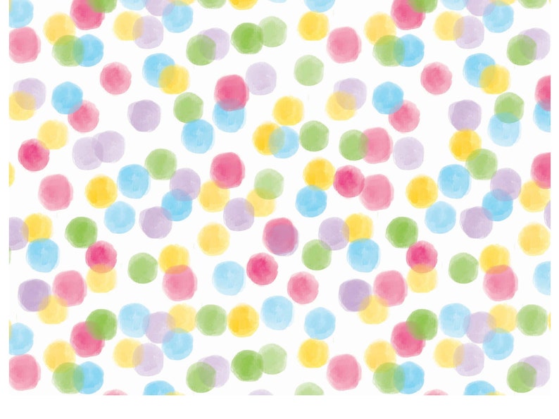 Puede incluir: Un fondo blanco est&aacute; cubierto con un patr&oacute;n de lunares coloridos al estilo acuarela. Los puntos son en tonos de rosa, morado, amarillo, verde y azul, con algunos superpuestos. El dise&ntilde;o tiene una est&eacute;tica l&uacute;dica y alegre.