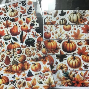 May include: Decorative washi tape featuring a fall harvest theme. The tape showcases a repeating pattern of pumpkins, leaves, and berries in shades of orange, brown, and green against a cream background. The tape is perfect for scrapbooking and crafting.