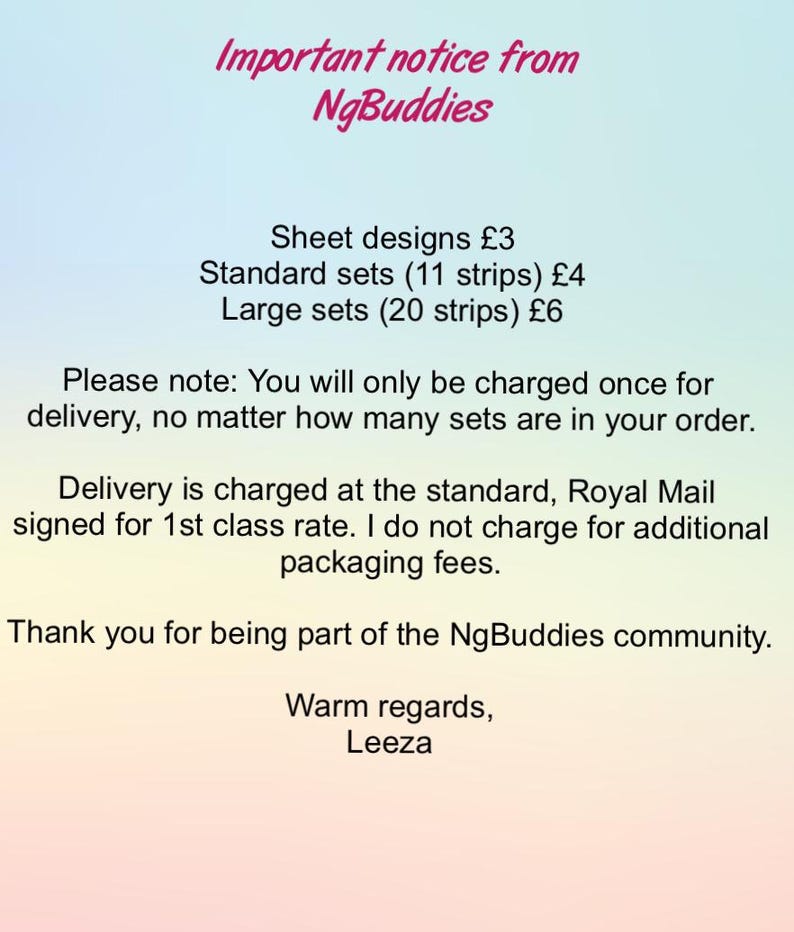 Puede incluir: Un aviso de NgBuddies con texto sobre dise&ntilde;os de hojas y juegos de tiras. El texto est&aacute; en fuente negra sobre un fondo degradado de rosa, azul y blanco. El aviso incluye un mensaje de agradecimiento.