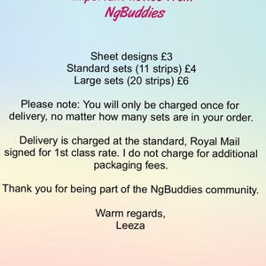 May include: A notice from NgBuddies with text about sheet designs and sets of strips. The text is in black font on a gradient background of pink, blue, and white. The notice includes a thank you message.