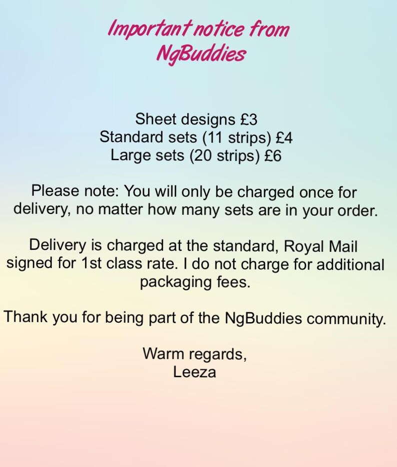May include: A notice from NgBuddies with text about sheet designs and sets of strips. The text is in black font on a gradient background of pink, blue, and white. The notice includes a thank you message.
