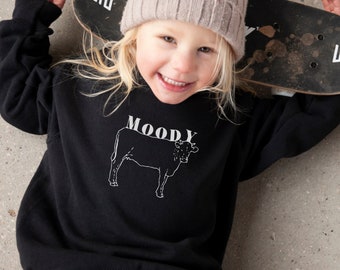 Moody Cow sudadera de cuello redondo para niños pequeños/ropa de moda para niños pequeños/sudadera hipster para niños/jersey divertido para niños de vaca/sudadera minimalista para niños