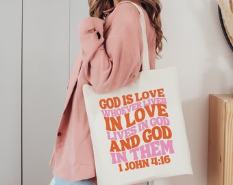 Dios es amor lienzo tote/bolso de mano del versículo bíblico/regalos cristianos/bolsa de compras de las Escrituras/regalos religiosos/bolsa de mano de moda/bolsa de mano de lona de fe