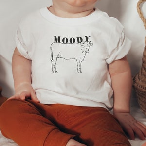 Moody Cow babyshirt| Trendy baby- en peuterkleding|Hipster baby T-shirt|grappige koe kindertop|Minimalistisch baby-/peuter-T-shirt|Peutershirt