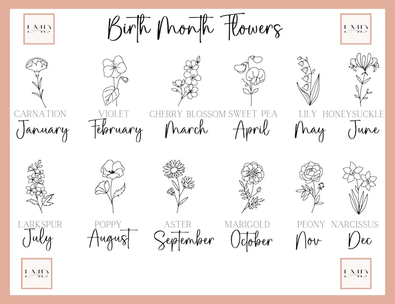 May include: A chart showing the birth month flowers for each month of the year. The flowers are illustrated in black and white line drawings. The chart includes the names of the flowers and the months they represent.