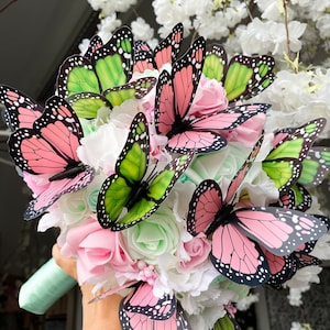 Pink and mint bridal bouquet butterfly wedding theme