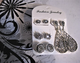 Fashion Jewelry Set of 4 Silver-Tone and Rhinestone Earrings