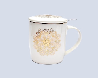 Große Teetasse mit Sieb und Deckel "Mandala" aus Porzellan - 400ml