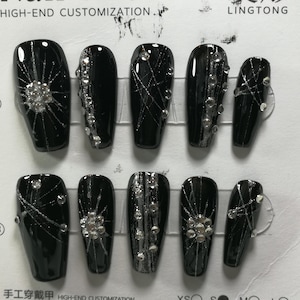 Handmade Black Silver Crystal Line Press On Nails Coffin Punk Custom