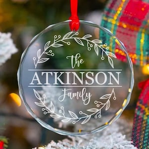 Last Name Family Ornament, Personalized Family Keepsake, Laser Engrave Ornament, Christmas Tree Glass Ornament, Heritage Family Ornament
