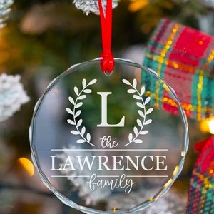 Personalized Family Ornament, Wreath Family Keepsake, Laser Engrave Ornament, Custom Name Glass Ornament, Family Name Ornament