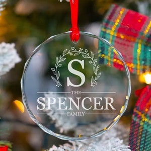 Glass Last Name Family Ornament, Wreath Family Keepsake, Laser Engrave Ornament, Custom Name Glass Ornament, 2024 Christmas Ornament