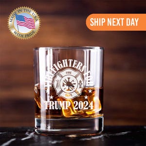 Strażak z szklanką do whisky Trump, MAGA Bourbon Glass Trump Whiskey, Prezent Trumpa, Prezydentura 2024, Grawerowanie laserowe 45 47 Prezydent Trump