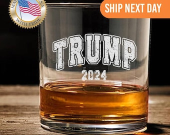Trump 24 Distressed Whiskey Glass, MAGA Bourbon Glass Trump Whiskey, Trump Gift, Presidency 2024, Laser Engrave, Holiday Gift