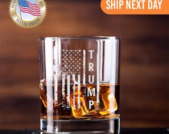 Donald Trump American Flag Whiskey Glass, MAGA Bourbon Glass Trump Whiskey, Trump Gift, Presidency 2024, Laser Engrave 45 47 Trump President