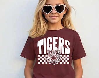 Retro Tigers Checkered Shirt, Youth Tigers Spirit Shirt, Youth Tiger Game Day Shirt, Tiger School Spirit T Shirt