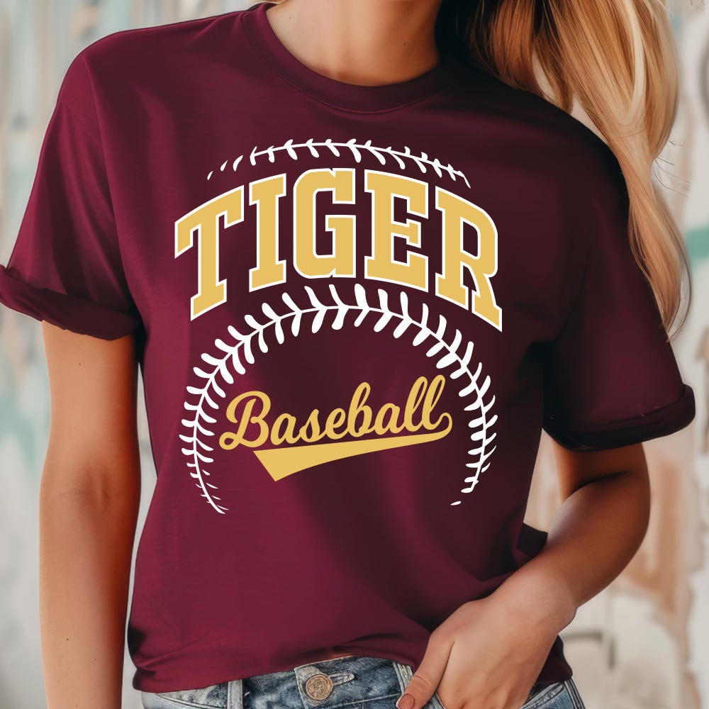 Tiger Baseball Game Shirt, Tiger Game Day Shirt,Tiger Baseball Mom Shirt, Maroon And Gold Baseball Stitch Shirt, Bella Canvas Tiger Baseball Coolprintshirt