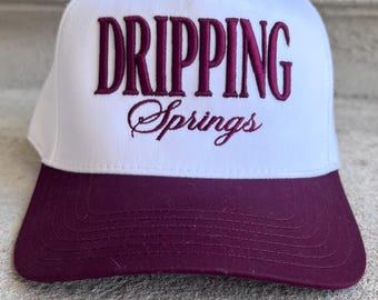 Dripping Springs Hat, Maroon and White Hat, 3D Embroidered Dripping Springs Texas Hat, 5 Panel Maroon Dripping Springs Cap