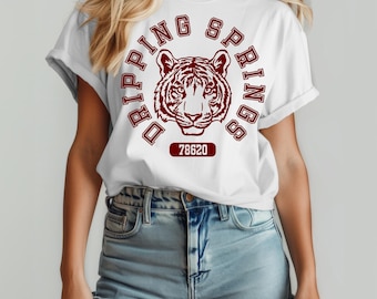 Dripping Springs Tigers Shirt, Dripping Springs Tigers Spirit Shirt, Dripping Springs Collegiate Style, Maroon Dripping Springs 78620 Shirt