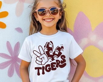 Youth Peace Love Tigers Shirt, Maroon Youth Tigers Shirt, Cute Youth Tigers Shirt, Dripping Springs Kid Tiger Shirt, Comfort Colors