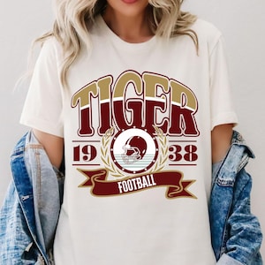 Tiger Football T Shirt, Game Day Tiger Football Shirt, Varsity Tiger Football Tee, Tiger Football Mom Shirt, maroon and gold Tiger football