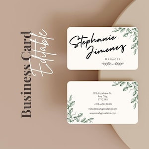 May include: Two business cards with rounded corners. The top card features the name "Stephanie Jimenez" in elegant script, with "Manager" below. The bottom card includes address, phone, and website details. Both cards have green leaf accents.