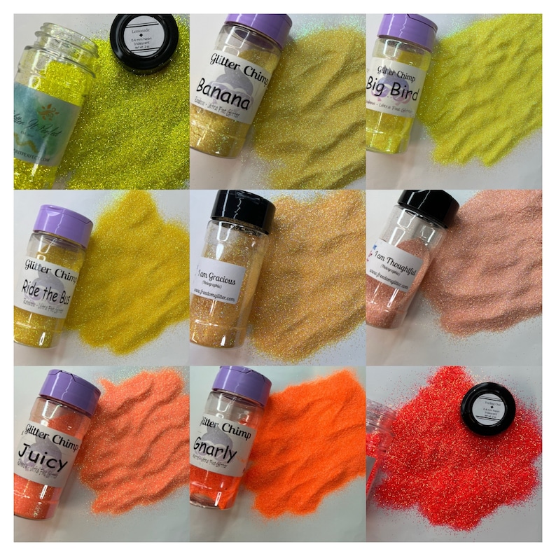 May include: Assortment of small glass jars filled with colorful glitter. The jars have labels with names like "Banana", "Big Bird", "Ride the Bus", "Juicy", and "Gnarly".