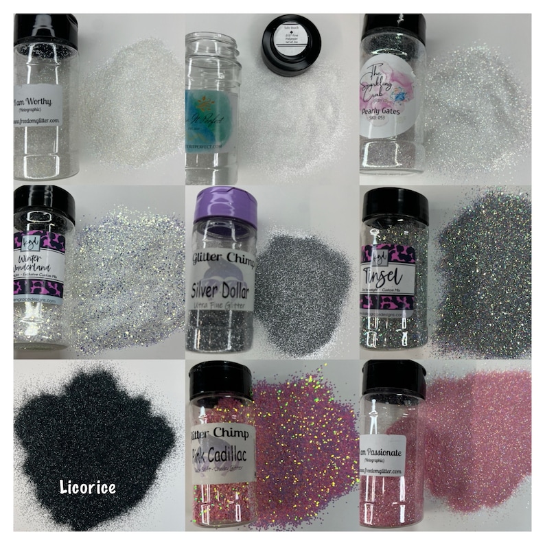 May include: Assortment of glitter jars in various colors, including silver, black, pink, and white. The jars are labeled with names like "Silver Dollar", "Pink Cadillac", "Licorice", and "Winter Wonderland".
