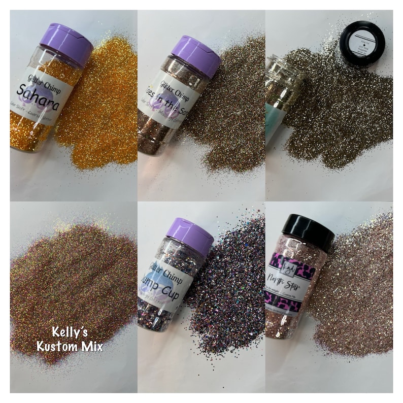 May include: Six small jars of glitter, each with a different color and a label with the name of the glitter. The labels are all in a similar style, with a purple background and white text. The glitter colors are gold, silver, pink, purple, blue, and green.
