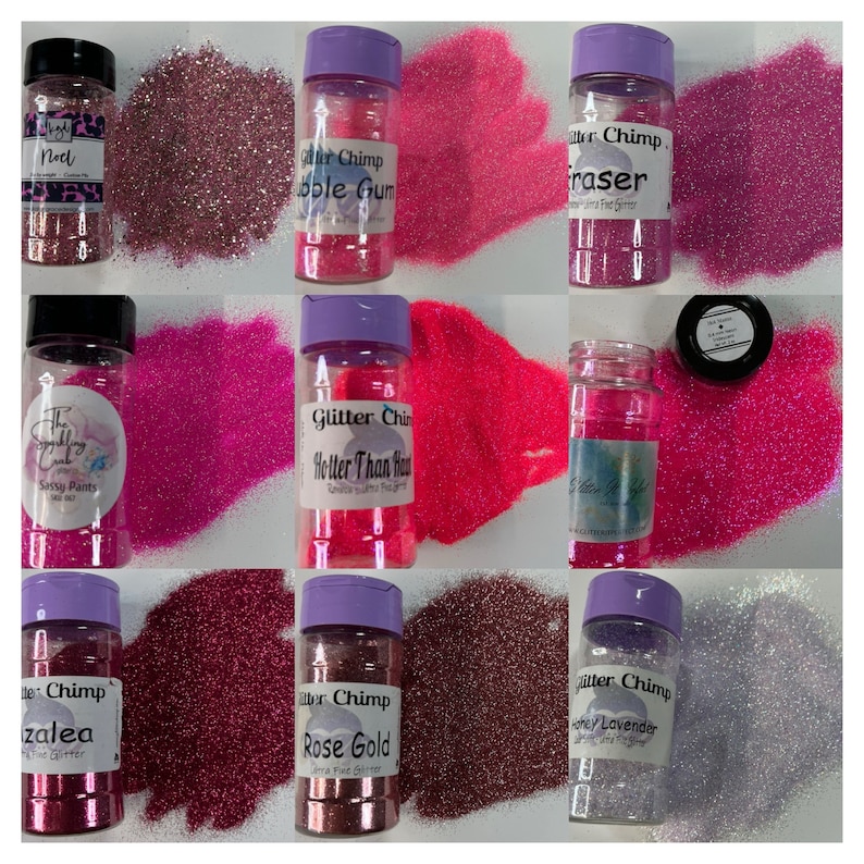 May include: Assortment of small jars filled with various colors of glitter. The jars have purple lids and labels with the text "Glitter Chimp" and the name of each glitter color. The glitter colors include:  "Nod", "Bubble Gum", "Eraser", "Sassy Pants", "Hotter Than Hot", "Azalea", "Rose Gold", and "Honey Lavender".