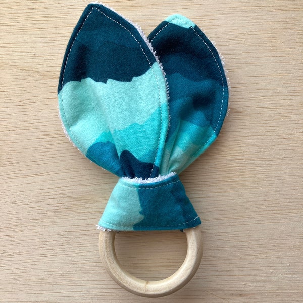 Blue Mountains Teething Ring | Fabric Bunny Ear Teether | Baby Boy  | Baby Shower Gift | Handmade | Flannel & Terry Cloth | Crinkle Baby Toy