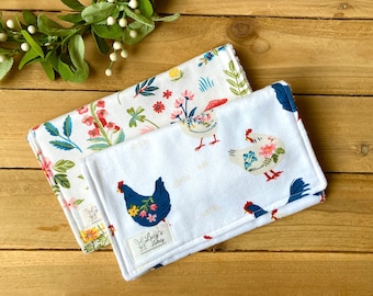 Burp Cloth Set of 2 - SPRING CHICKENS | Baby Shower Gift Set | Handmade | Flannel and Terry Cloth | Baby Girl | Flowers | Floral | Farm |