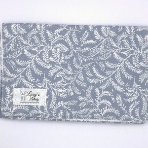 Burp Cloth-GRAY LEAVES-Handmade, Flannel, Terry Cloth | Gender Neutral Baby Shower Gift | Modern | Gray, White | Leaves | Floral | Unique