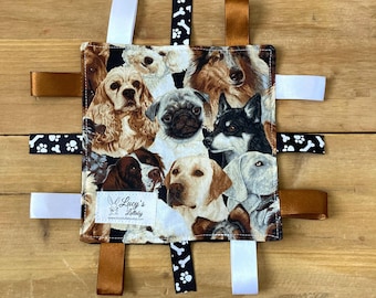 Dog Print Crinkle Tag Toy – Sensory Ribbon Toy, Baby Shower Gift, Handmade