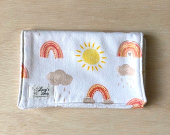 Burp Cloth - PEACH RAINBOWS | Handmade | Flannel & Terry Cloth | Rainbows | Clouds | Suns | Gift for Baby Girl | Baby Shower | White | BOHO